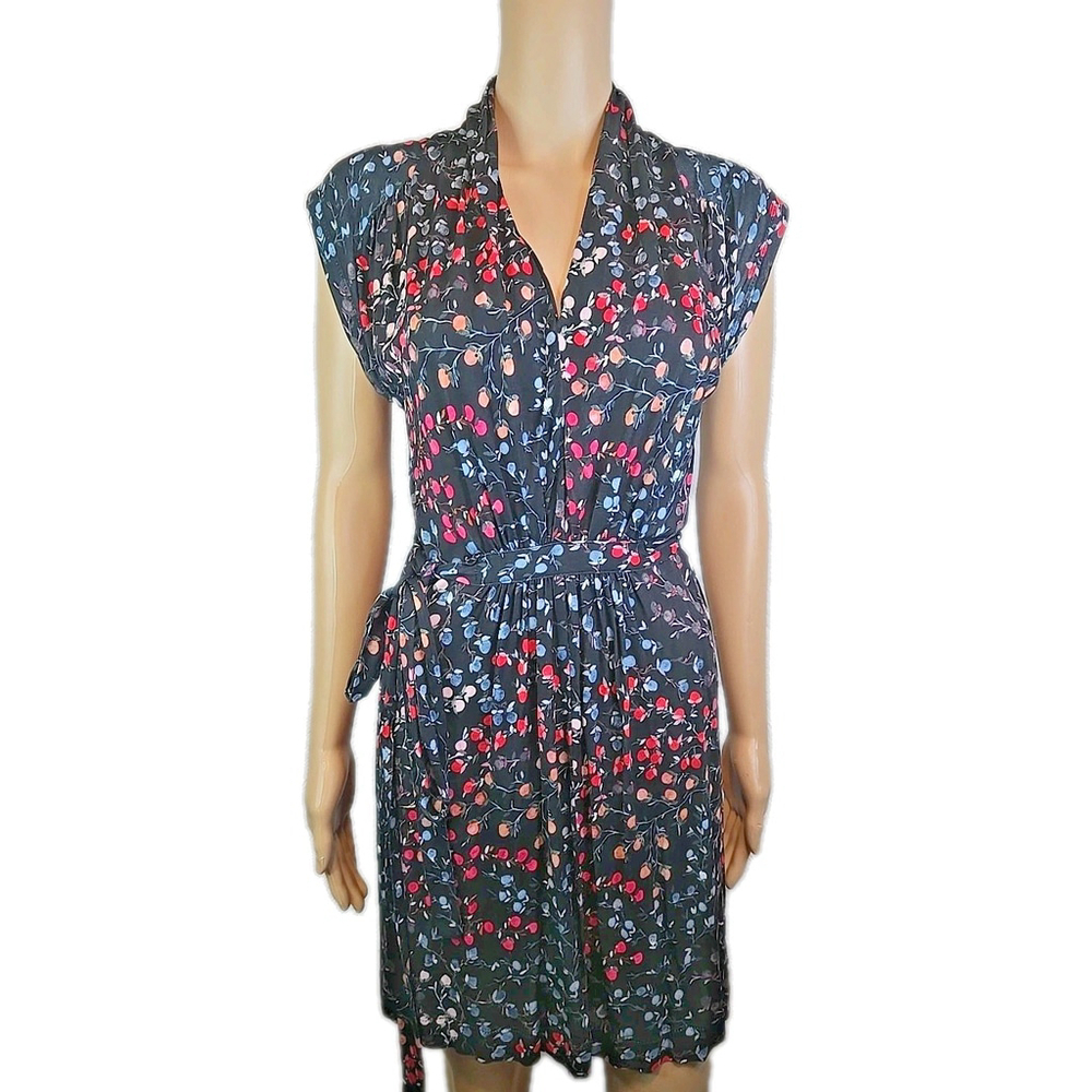 French Connection Size 2 Floral Viscose Tie Waist Dress Black Cap Sleeve Mini - Picture 2 of 9